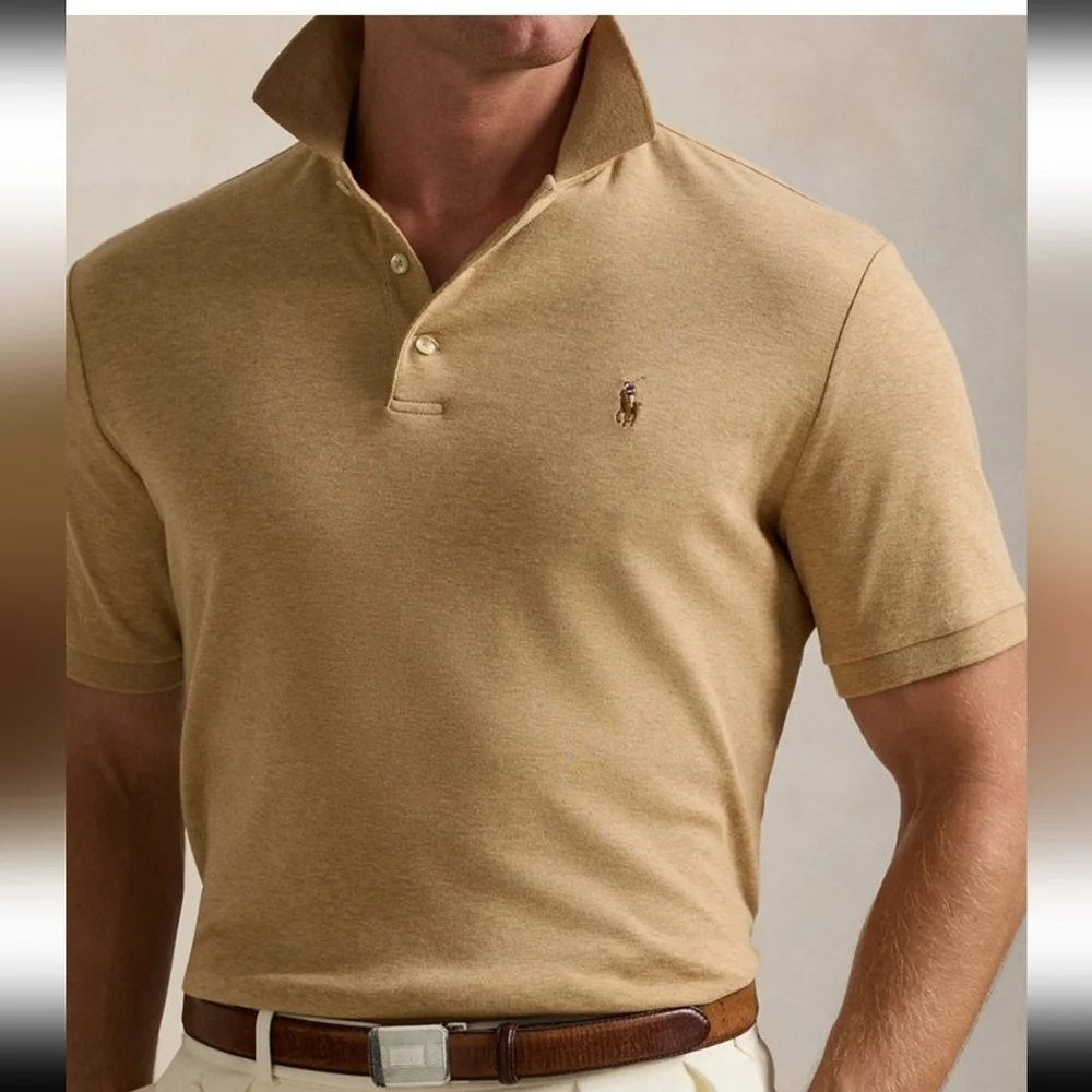 Ralph Lauren Men's Polo Dune Tan Custom Slim Fit Short Sleeves Shirt Size Medium